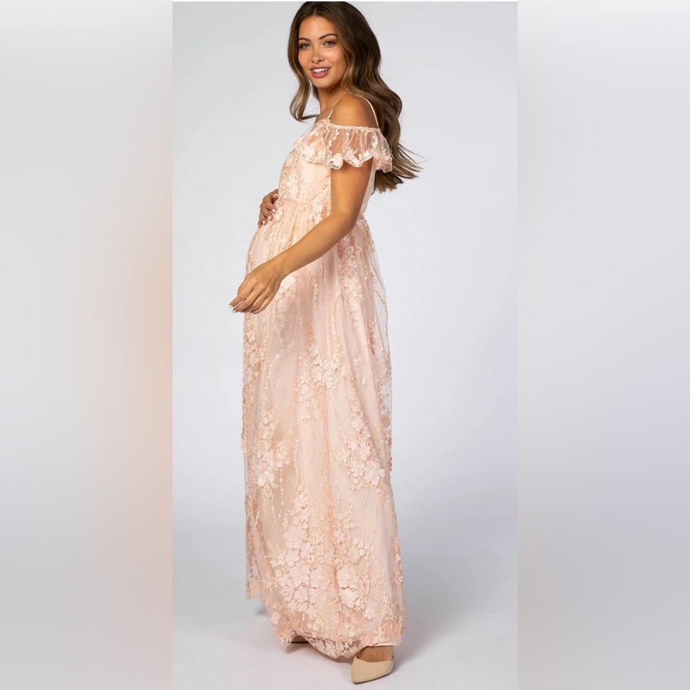Light Pink Floral Embroidered Mesh Maternity Evening Gown Size M